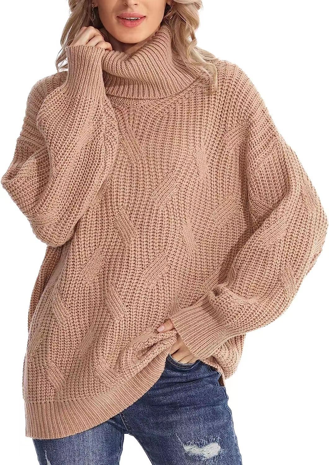 Damen Grobstrickpullover mit hohem Kragen und strukturiertem Zopfmuster EB