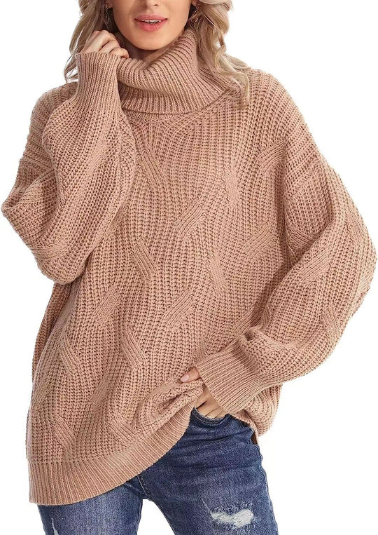 Damen Grobstrickpullover mit hohem Kragen und strukturiertem Zopfmuster EB