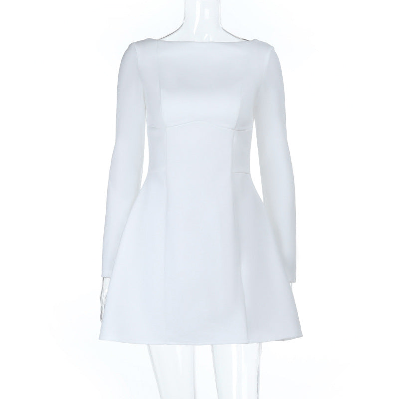 Damen elegantes Langarmkleid mit ausgefallenem Ausschnitt und schwingendem Rock EB
