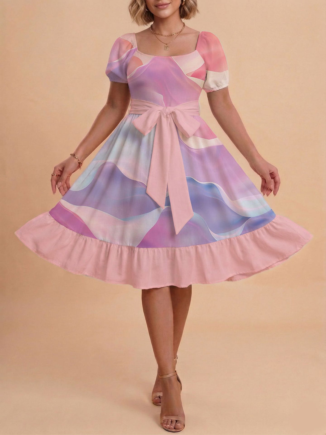 Damen Retro Maxikleid mit Puffärmeln und Taillengürtel EB
