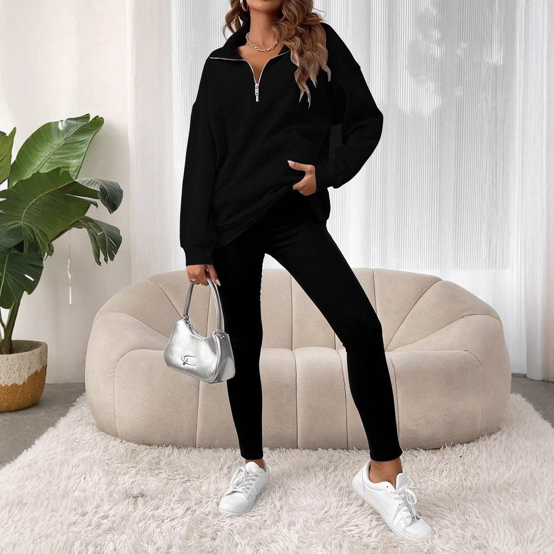 Damen Oversize Sweatshirt mit halbem Reißverschluss, Kängurutasche und Stehkragen EB