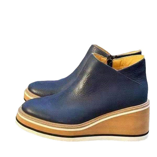 Damen Keil-Ankle-Boots mit Plateau-Blocksohle aus Leder und seitlichem Reißverschluss EB