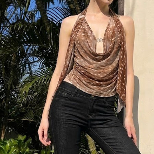Damen Schicke Halterneck Bluse mit Drapierung EB