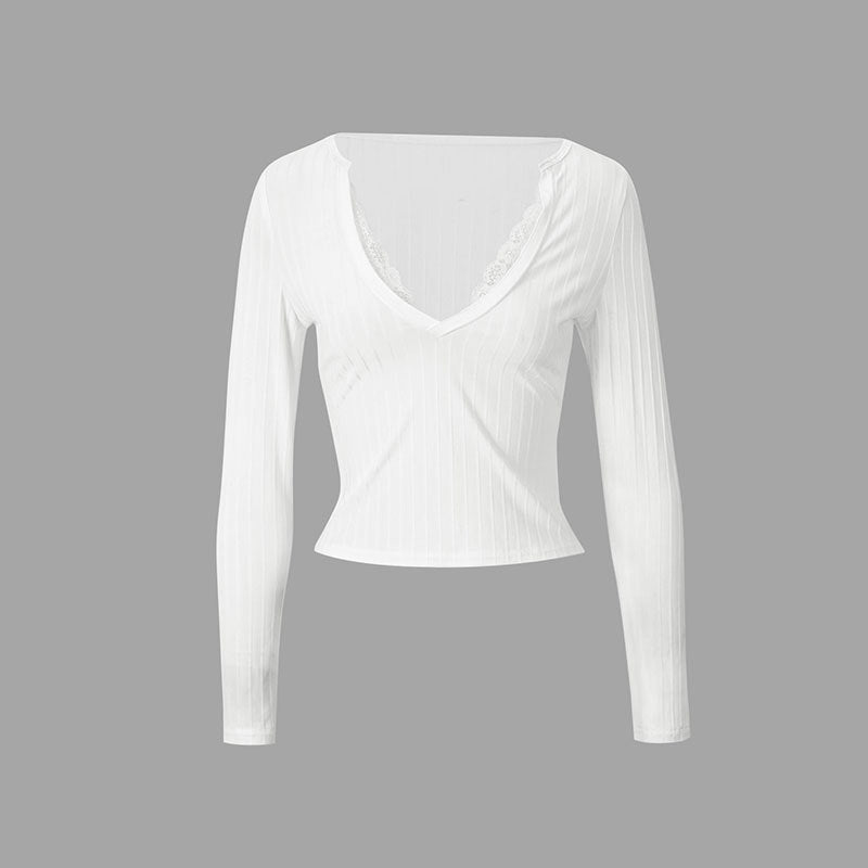 Damen Top mit feinen Rippdetails und elegantem V-Ausschnitt EB