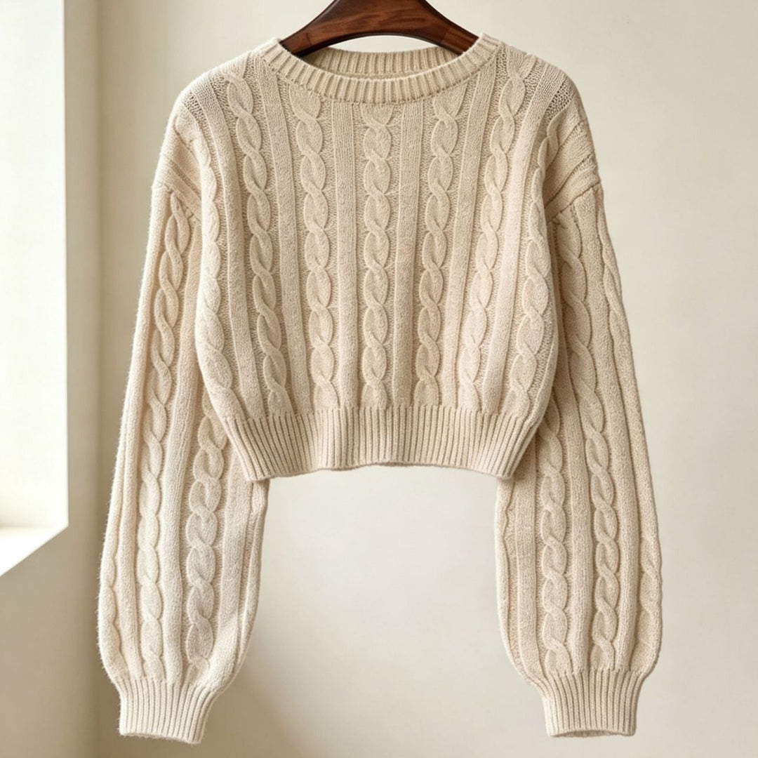 Damen Cropped Zopfmuster-Strickpullover mit kastiger Silhouette und Ballonärmeln EB