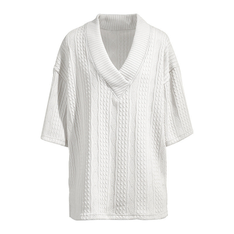 Damen Oversized Kurzarm-Strickpullover mit tiefem V‑Ausschnitt und Zopfmuster EB