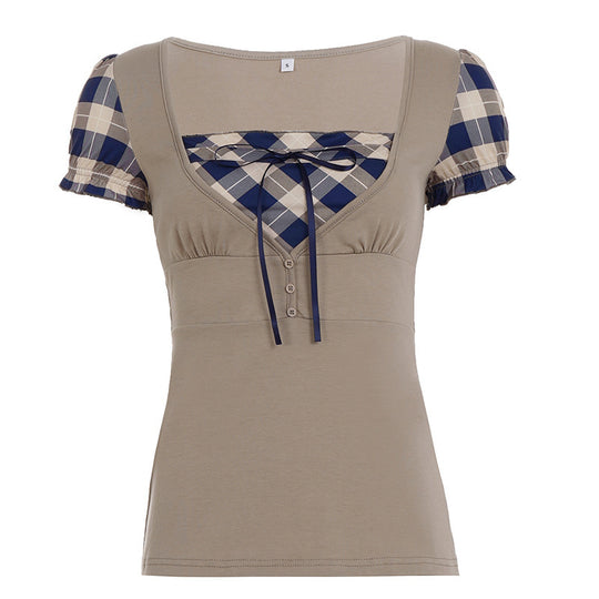 Damen modisches Oberteil mit asymmetrischem Karomuster und eleganten Rüschendetails EB