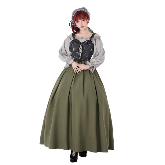 Damen nan Renaissance-inspiriertes Maxikleid mit Schnürkorsett und Carmenärmeln EB