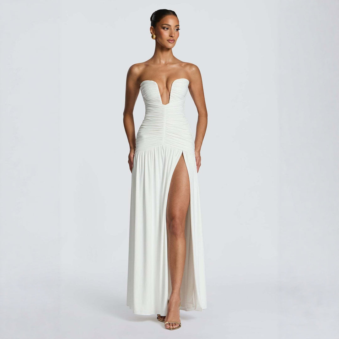 Damen Abendkleid mit tiefem V-Ausschnitt und eleganter Drapierung EB