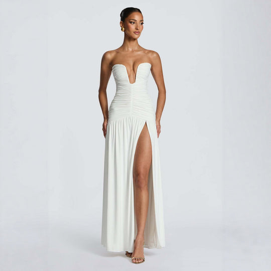 Damen Abendkleid mit tiefem V-Ausschnitt und eleganter Drapierung EB