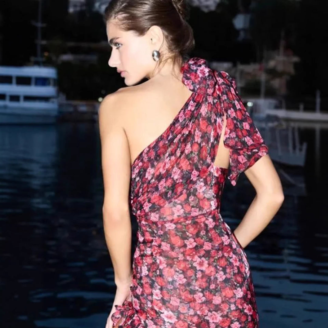 Damen Asymmetrisches Floral-Minikleid mit raffiniertem Volantabschluss und einem Schulterdesign EB