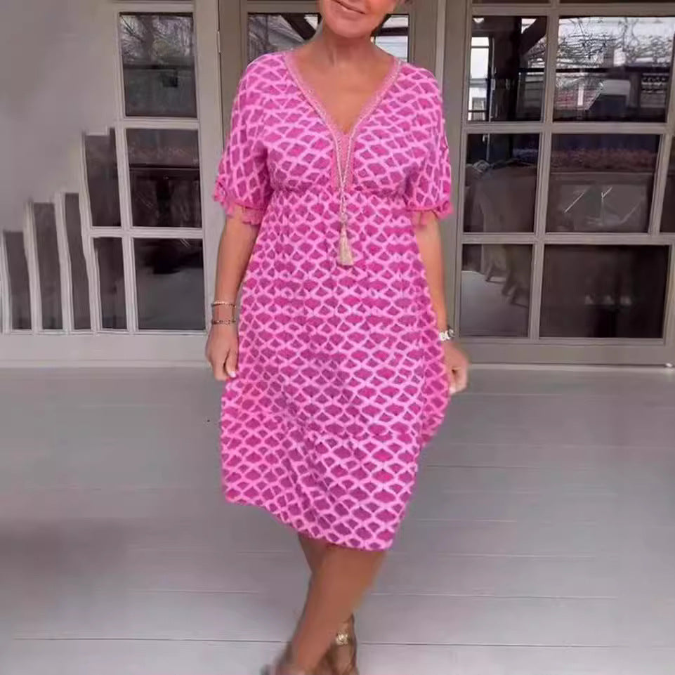 Damen Sommerliches Kleid mit fransierten Ärmeln und elegantem V-Ausschnitt Heidi-Mode
