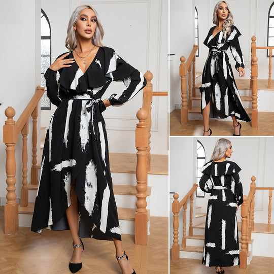Damen Maxikleid mit asymmetrischem Saum und aufregendem Rüschendesign EB