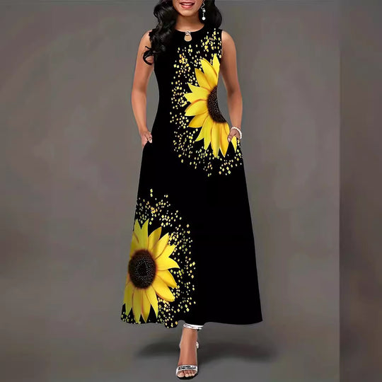 Damen Maxikleid mit floralem Sonnenblumenmuster und raffinierten Taschen EB