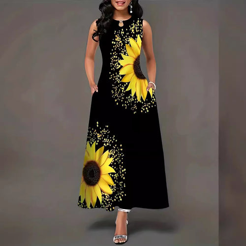 Damen Maxikleid mit floralem Sonnenblumenmuster und raffinierten Taschen EB