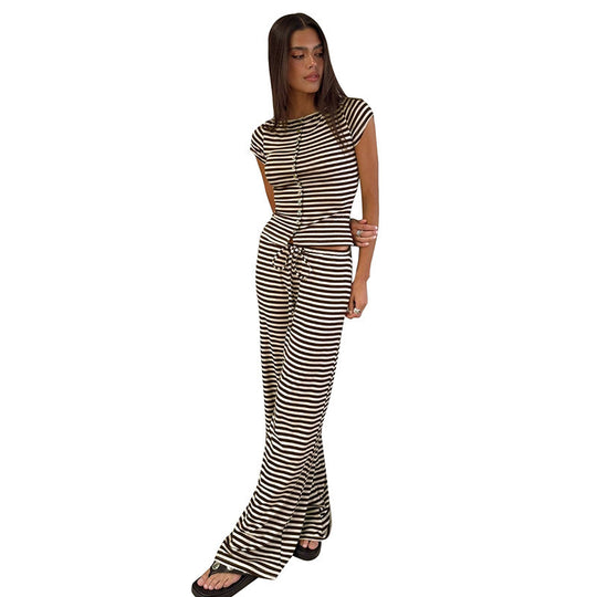 Damen Kurzarm Oberteil im Streifenlook mit Knopfdetails EB