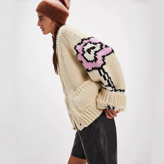 Damen Oversized Grobstrick-Cardigan mit Schalkragen, Blumenintarsien & Knopfleiste EB