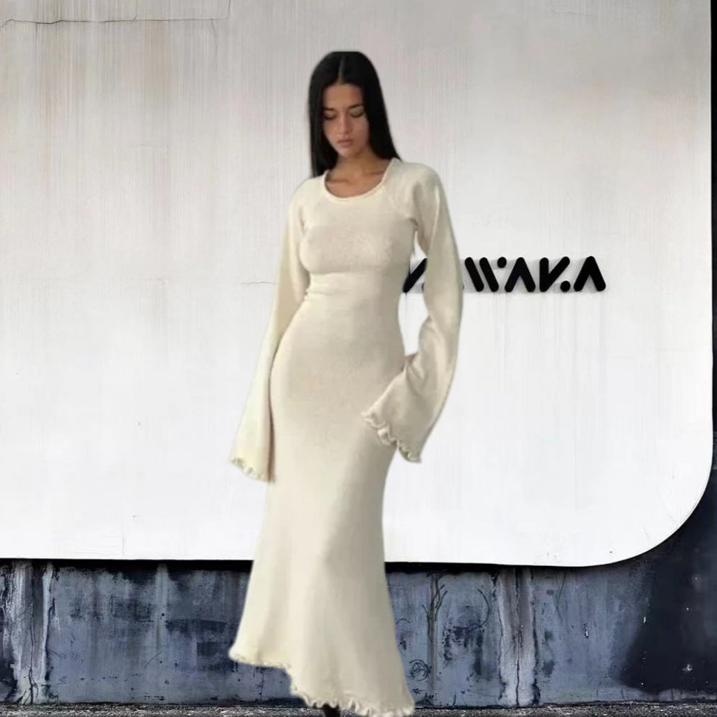 Damen Elegantes Maxikleid mit raffiniertem Rippdesign und fransigen Ärmeln EB