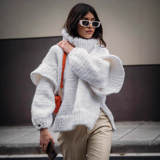 Damen Oversized Strickpullover mit hohem Kragen und voluminösen Ärmeln EB