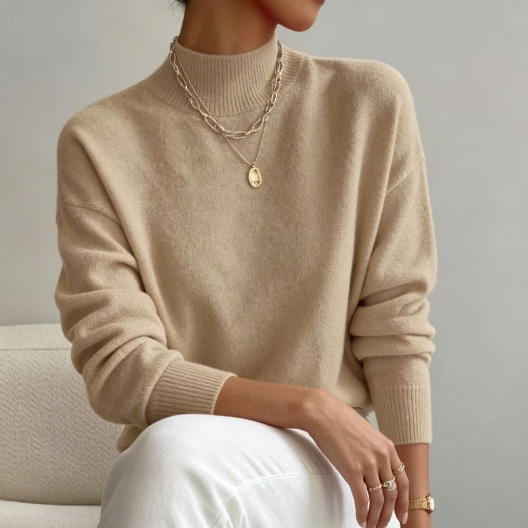 Damen kuscheliger Feinstrickpullover mit Stehkragen und überschnittener Schulter EB