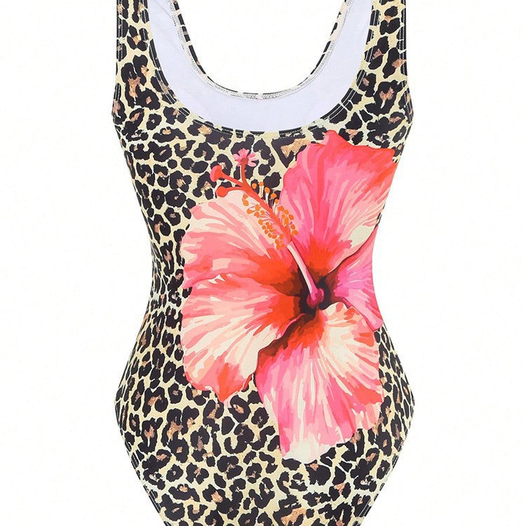Damen Einteiler Badeanzug mit floralen Akzenten und tierischem Muster EB