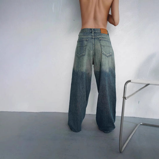 Damen lockere High-Waist Jeans mit angesagtem Farbverlauf und weitem Bein EB