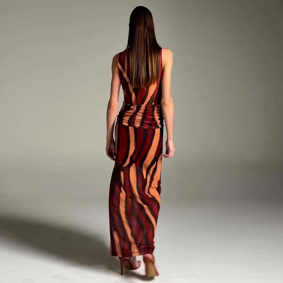 Damen elegantes Maxikleid mit einzigartigem Streifenmuster und hohem Kragen EB