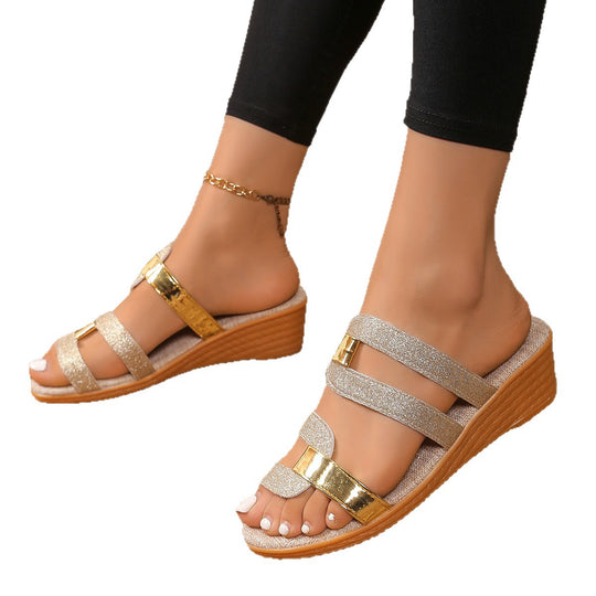 Damen modische Wedgesandalen mit Glitzer- und Metallic-Akzenten EB