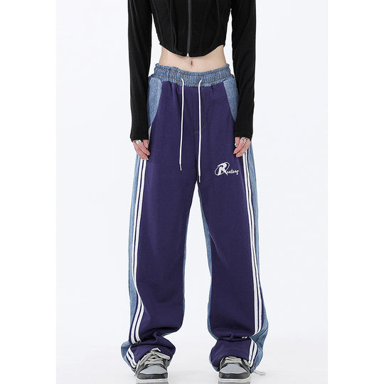 Damen nan weite Jogginghose mit Denim-Einsätzen, elastischem Bund und seitlichen Kontraststreifen EB