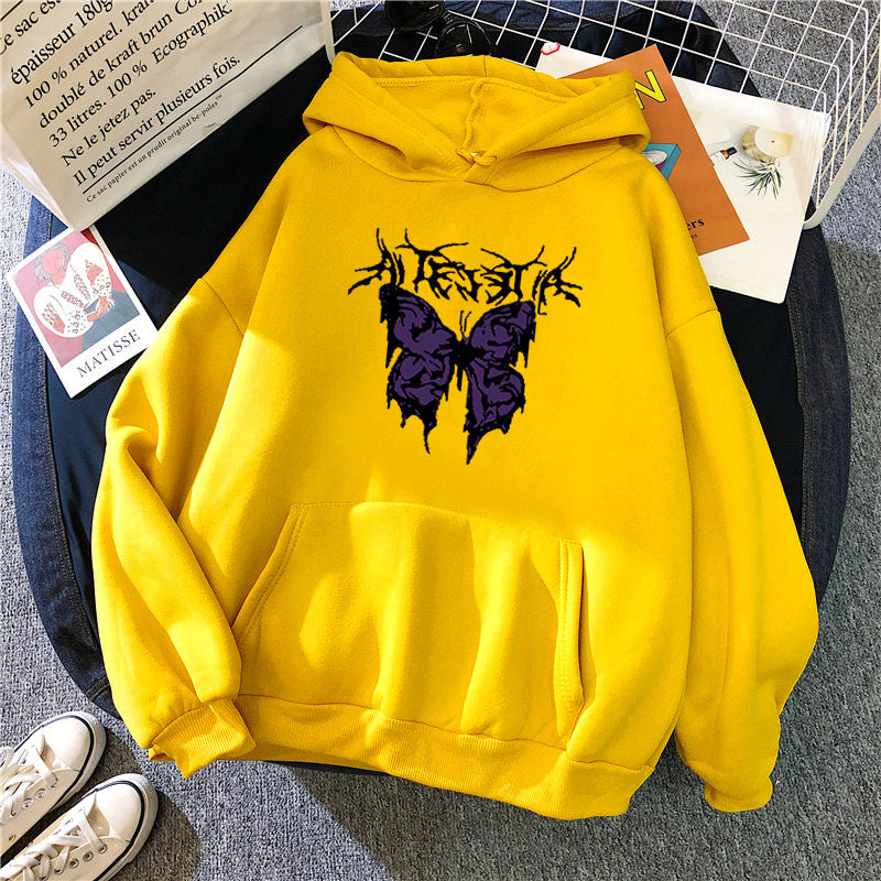 Damen nan Oversize-Kapuzenpullover mit gothischer Schmetterlings-Illustration und Kängurutasche EB