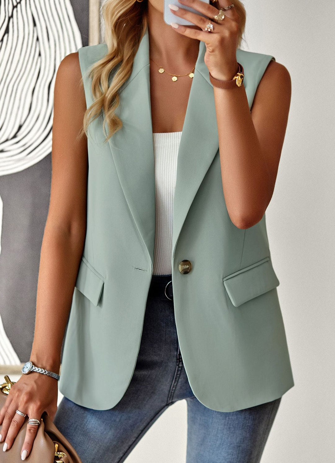 Damen ärmelloses Blazer-Oberteil mit taillierter Silhouette EB