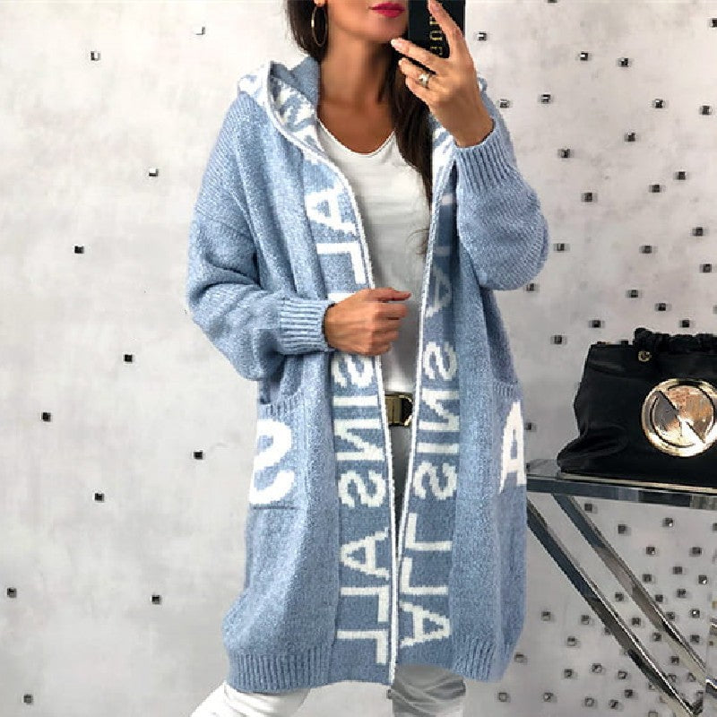 Damen Langarm-Strickcardigan mit Kapuze und praktischen Taschen EB