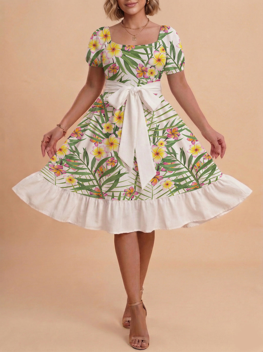Damen elegantes Maxikleid mit floralem Design und Taillengürtel EB