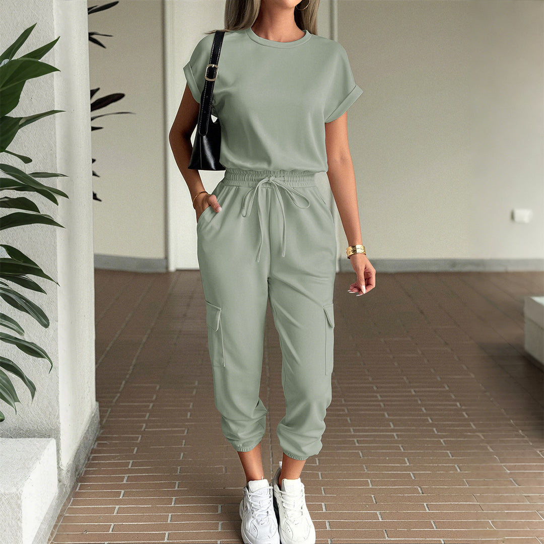 Damen lässiges Zweiteiliges Set mit elastischem Bund und seitlichen Taschen EB