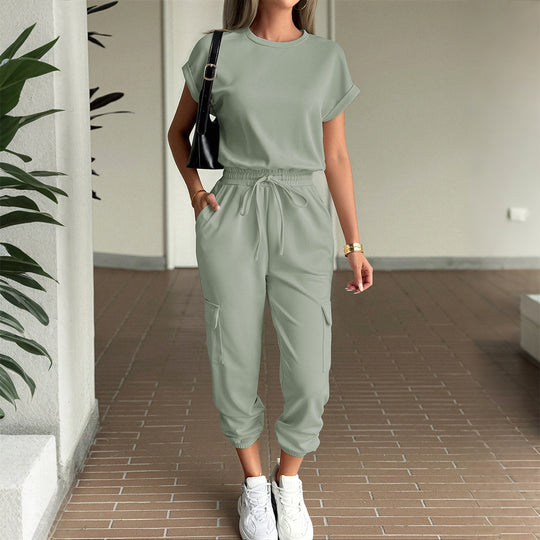 Damen lässiges Zweiteiliges Set mit elastischem Bund und seitlichen Taschen EB