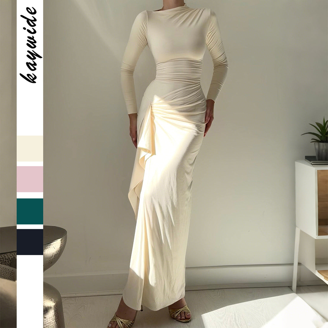 Damen nan gerafftes Maxikleid mit langen Ärmeln, taillierender Stretch-Passform und seitlichem Volant-Detail EB