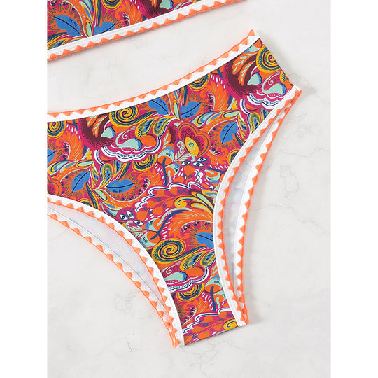 Damen Bandeau-Bikini mit buntem Psychedelic-Design und eleganten Rüschen EB