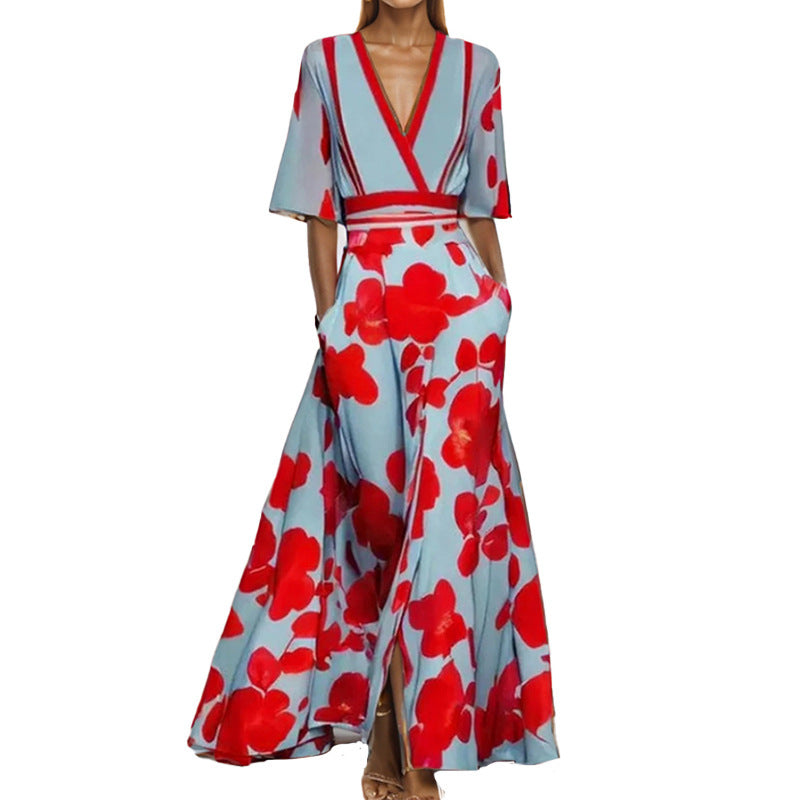 Damen Maxikleid mit Wickeloberteil, Taillengürtel und fließendem Satinrock EB