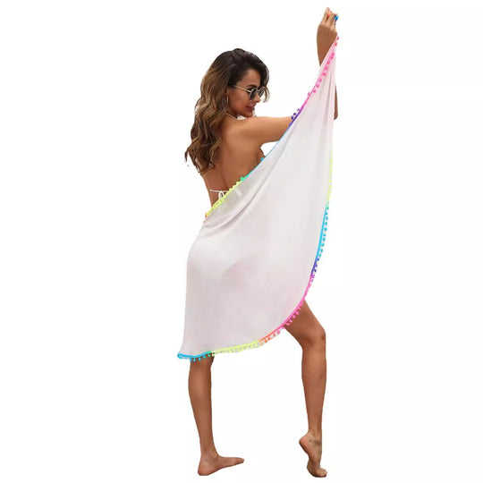 Damen eleganter Strandüberwurf mit buntem Pompon-Rand EB