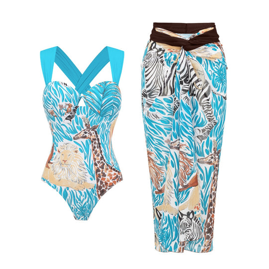 Damen Einteiler Badeanzug mit tierischem Print und eleganter Taillierung EB