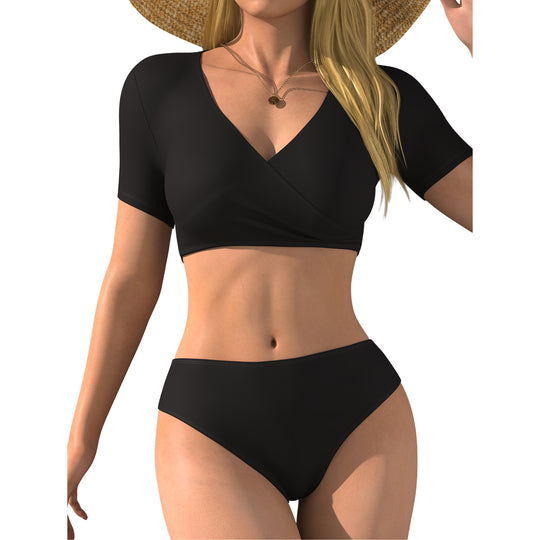 Damen Bikini-Oberteil mit Wickelschnitt und kurzen Ärmeln EB