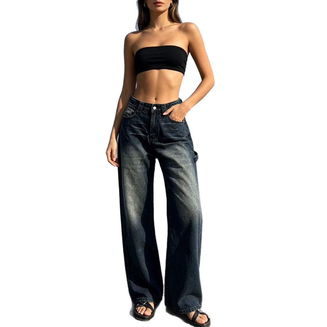 Damen nan weite High‑Waist Carpenter-Denimhose mit Utility-Seitentasche und ausgestelltem Bein EB