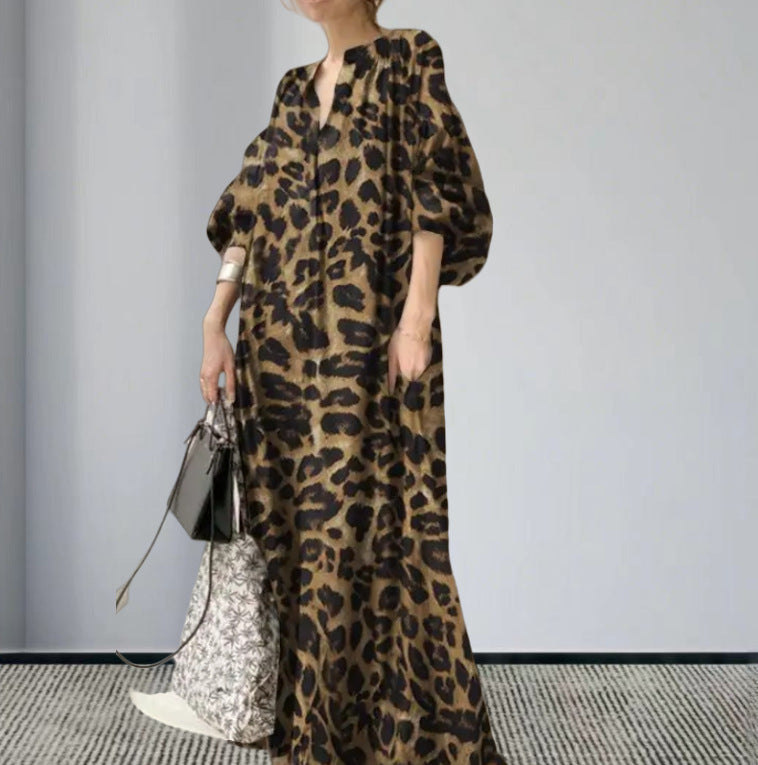 Damen Langarm Maxi-Kleid im auffälligen Leopardenmuster EB