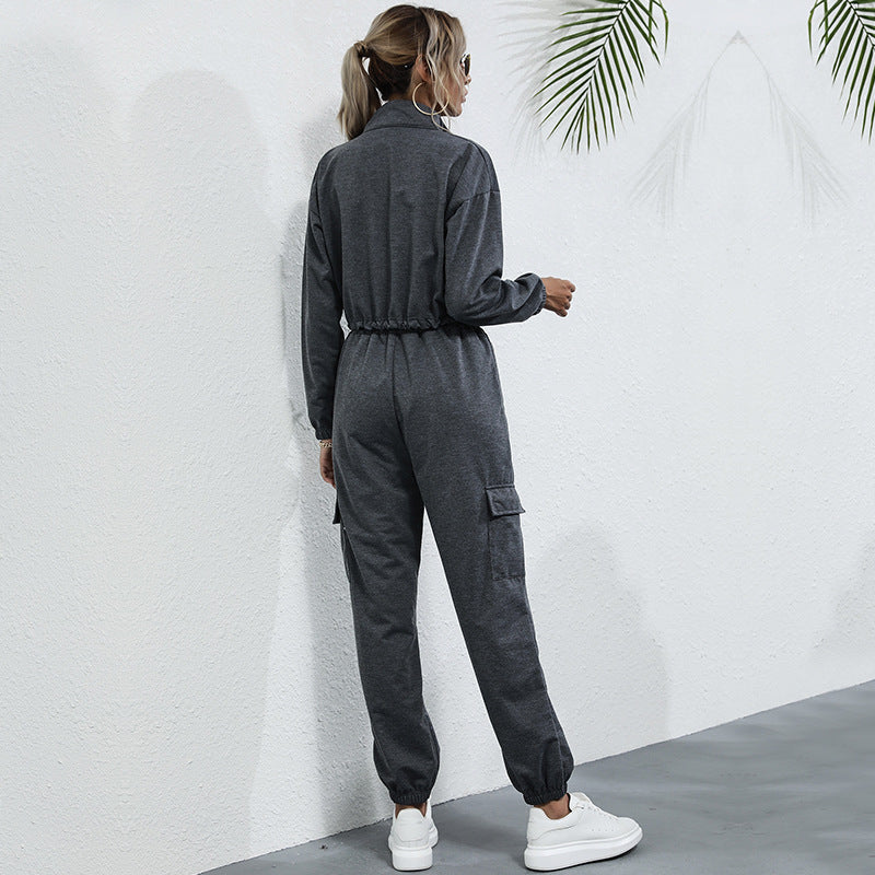 Damen Freizeit-Jumpsuit mit halbem Reißverschluss und praktischen Taschen EB