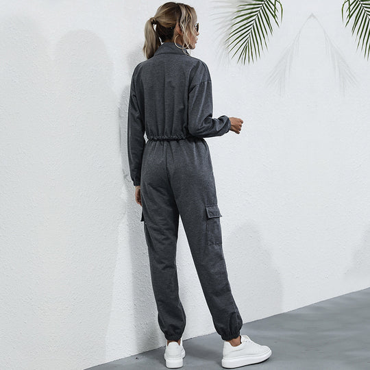 Damen Freizeit-Jumpsuit mit halbem Reißverschluss und praktischen Taschen EB