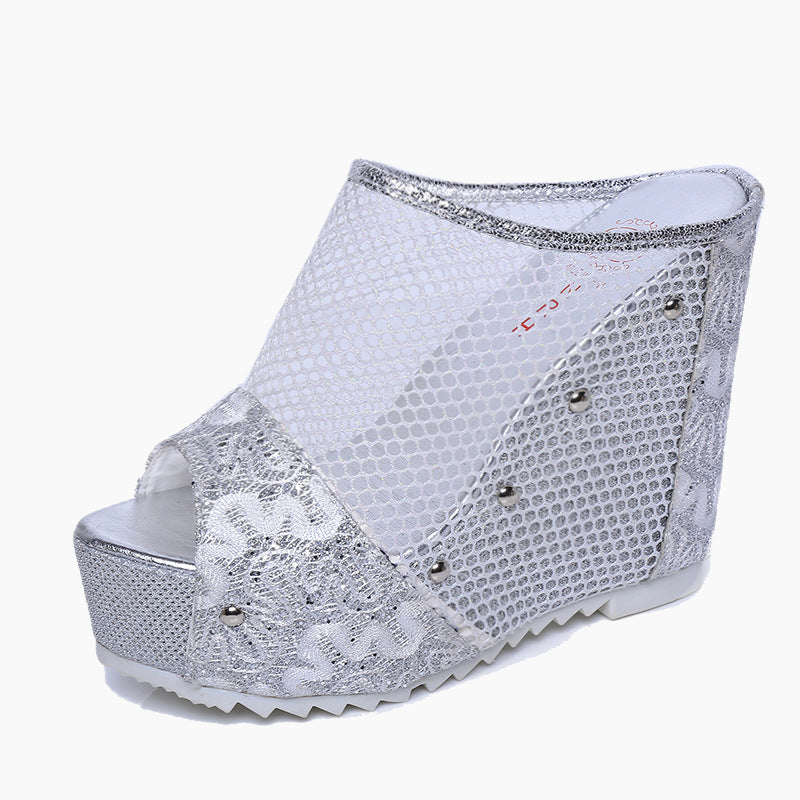 Damen Wedge-Sandalen mit elegantem Netzdesign und funkelnden Applikationen EB