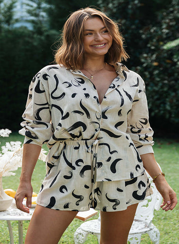 Damen luftiges Pyjama-Set mit kreativem Muster und elastischem Bund EB