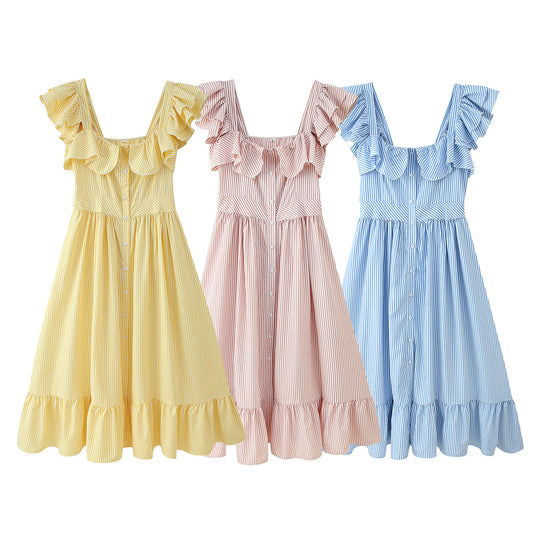 Damen Rüschensommerkleid mit Knopfdetails und weitem Rock EB
