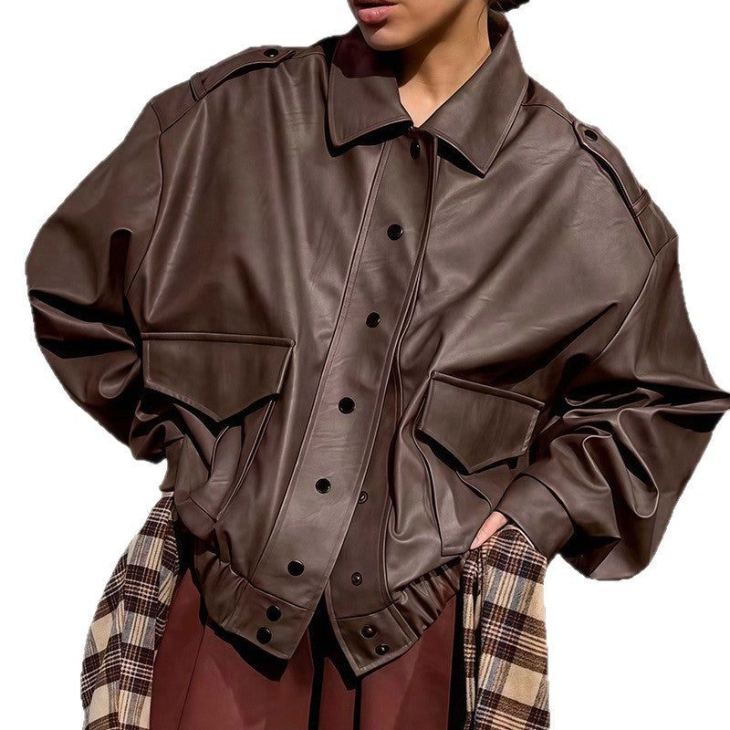 Damen Oversized Kunstlederjacke mit dekorativen Taschen und modischer Schnürung EB