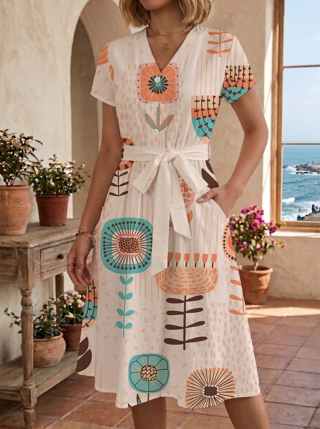 Damen Midikleid mit farbenfrohem Blumendesign und taillierbarem Bindegürtel EB
